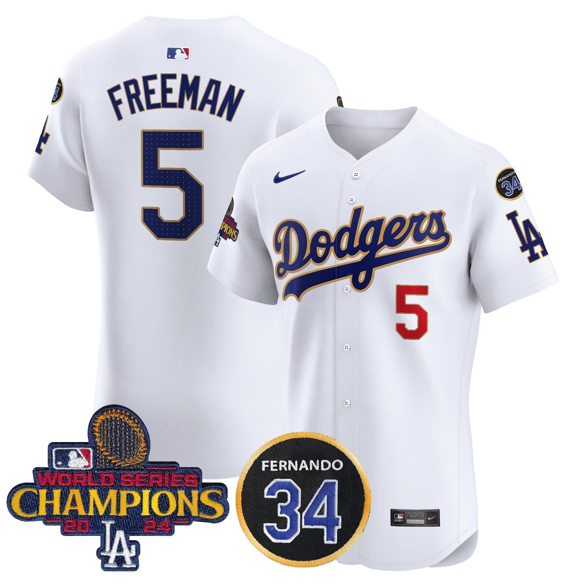Dodgers 2024 World Series Champions Gold Trim Vapor Premier Elite Men Jersey V2 - All Stitched