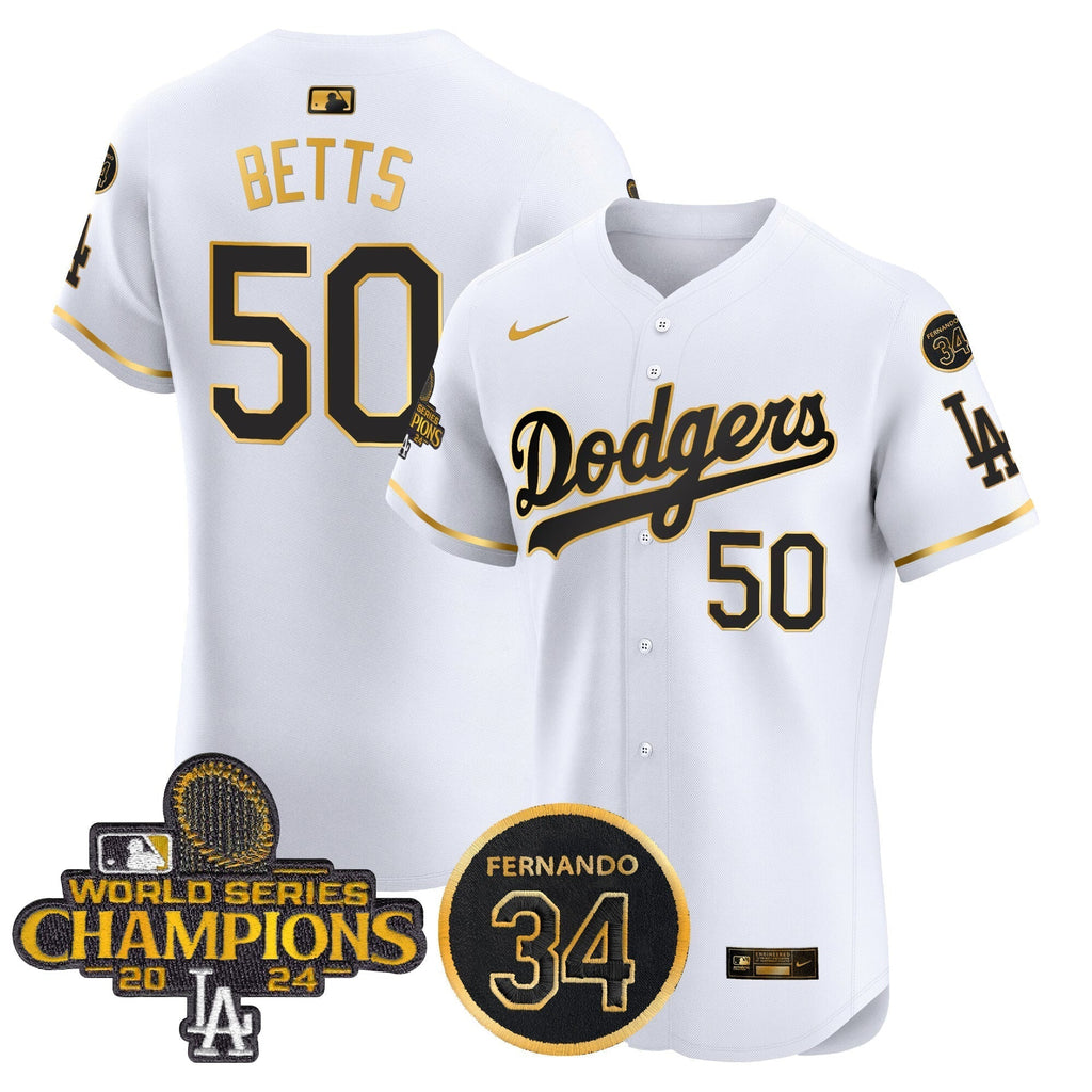 Dodgers 2024 World Series Champions Gold Trim Vapor Premier Elite Men Jersey V2 - All Stitched