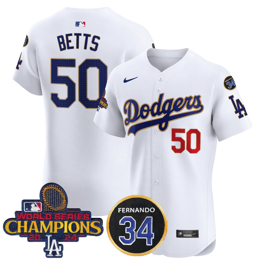 Dodgers 2024 World Series Champions Gold Trim Vapor Premier Elite Men Jersey V2 - All Stitched