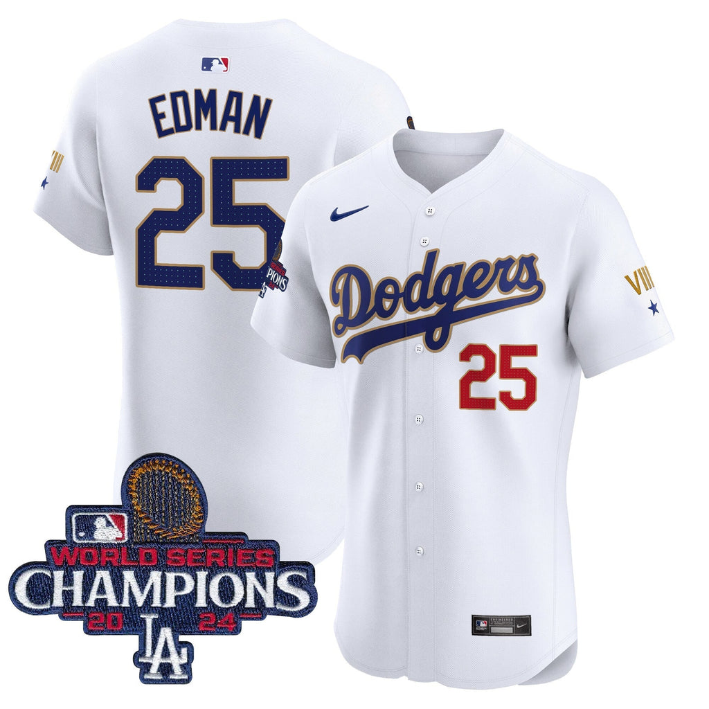 Dodgers 2024 World Series Champions Gold Trim Vapor Premier Elite Jersey V3 - All Stitched