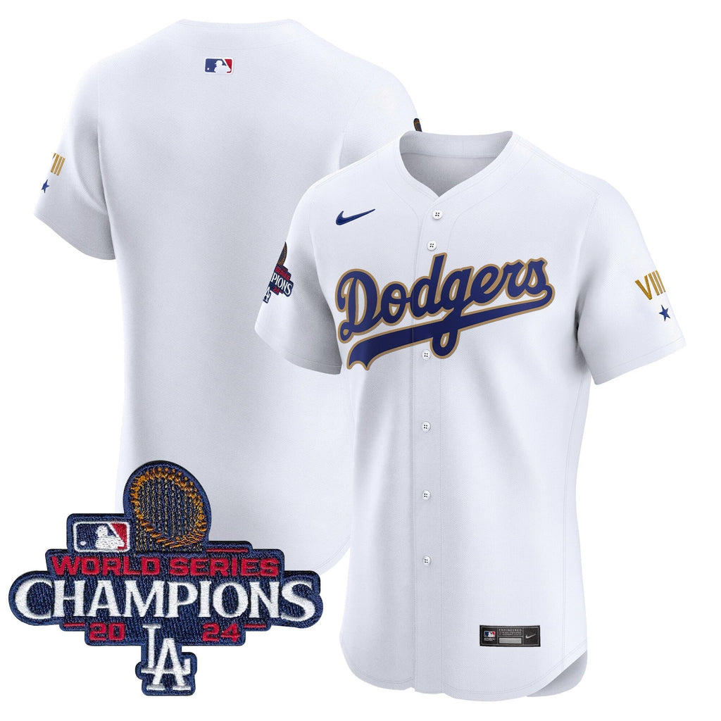 Dodgers 2024 World Series Champions Gold Trim Vapor Premier Elite Jersey V3 - All Stitched