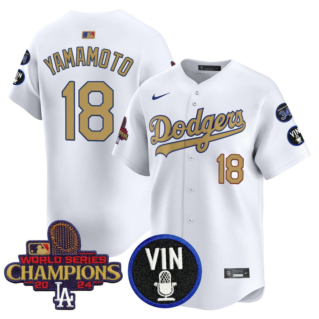 Dodgers 2025 Vin Scully & #34 Fernando Patch Gold Vapor Premier Limited Jersey - All Stitched