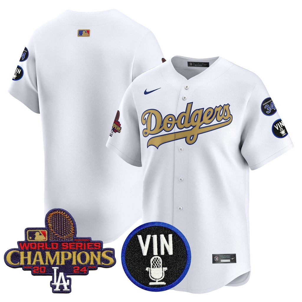 Dodgers 2025 Vin Scully & #34 Fernando Patch Gold Vapor Premier Limited Jersey - All Stitched