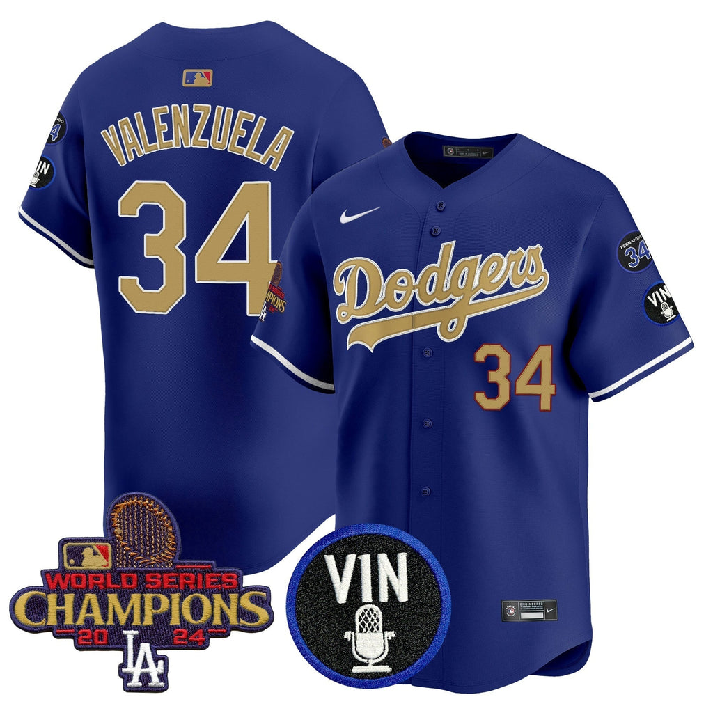 Dodgers 2025 Vin Scully & #34 Fernando Patch Gold Vapor Premier Limited Jersey - All Stitched