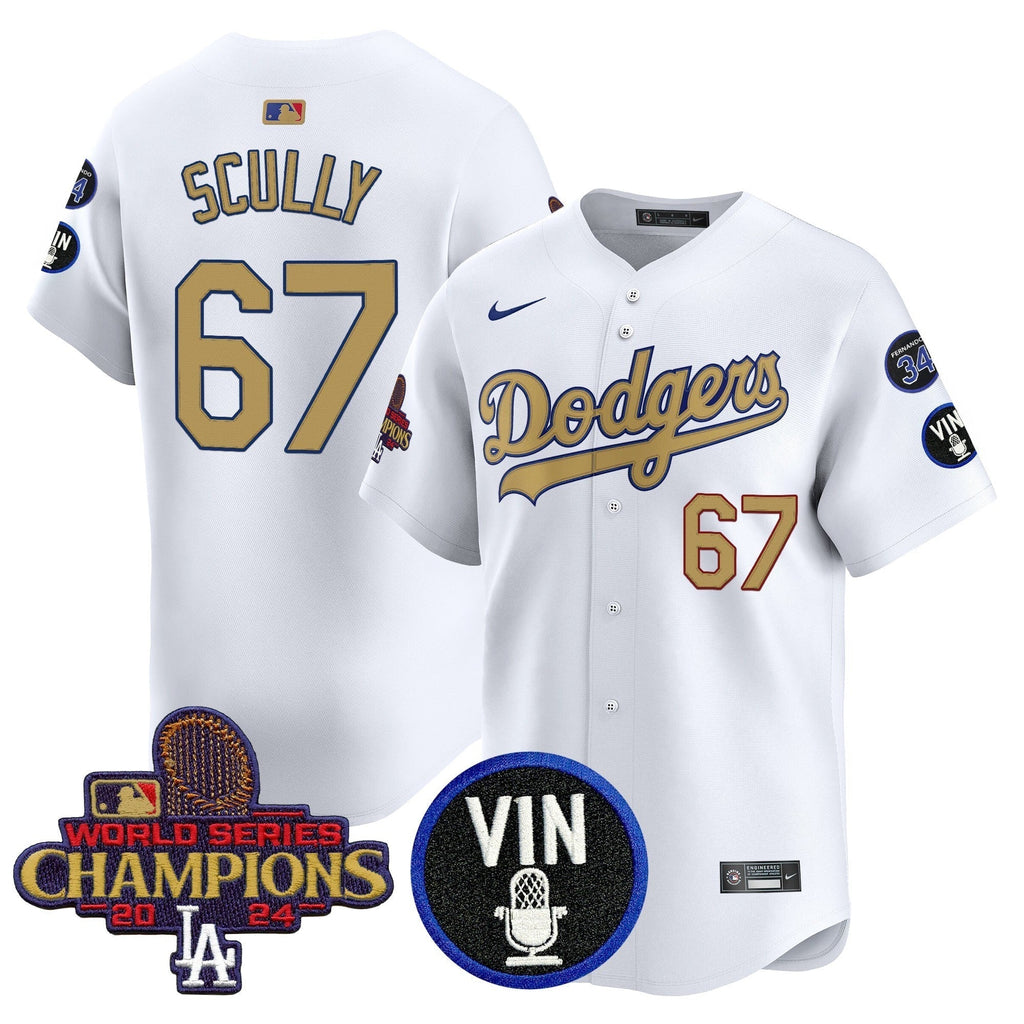 Dodgers 2025 Vin Scully & #34 Fernando Patch Gold Vapor Premier Limited Jersey - All Stitched