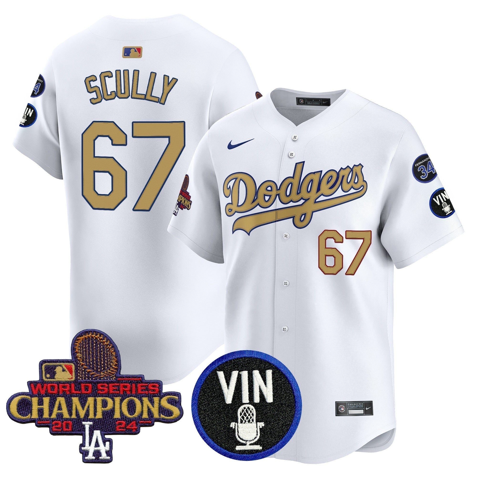 Dodgers 2025 Vin Scully & #34 Fernando Patch Gold Vapor Premier Limited Jersey - All Stitched