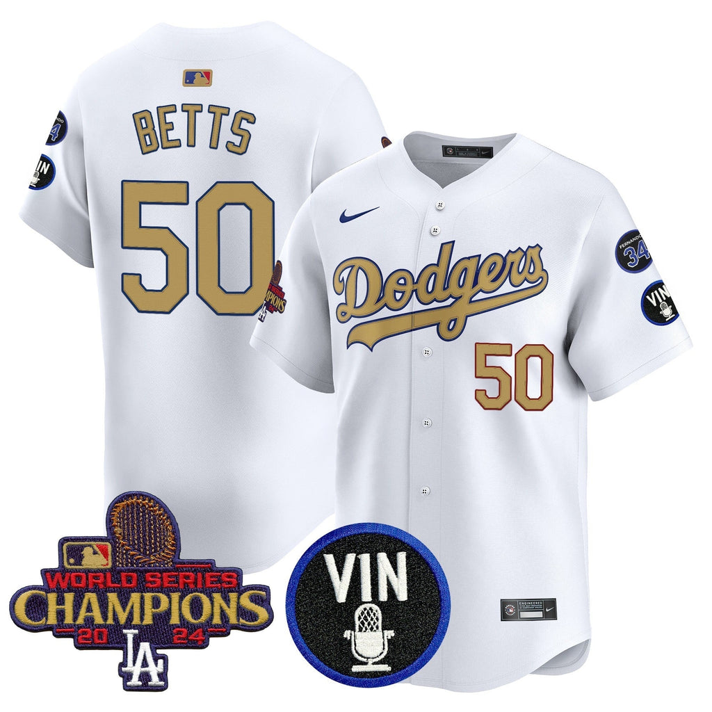 Dodgers 2025 Vin Scully & #34 Fernando Patch Gold Vapor Premier Limited Jersey - All Stitched