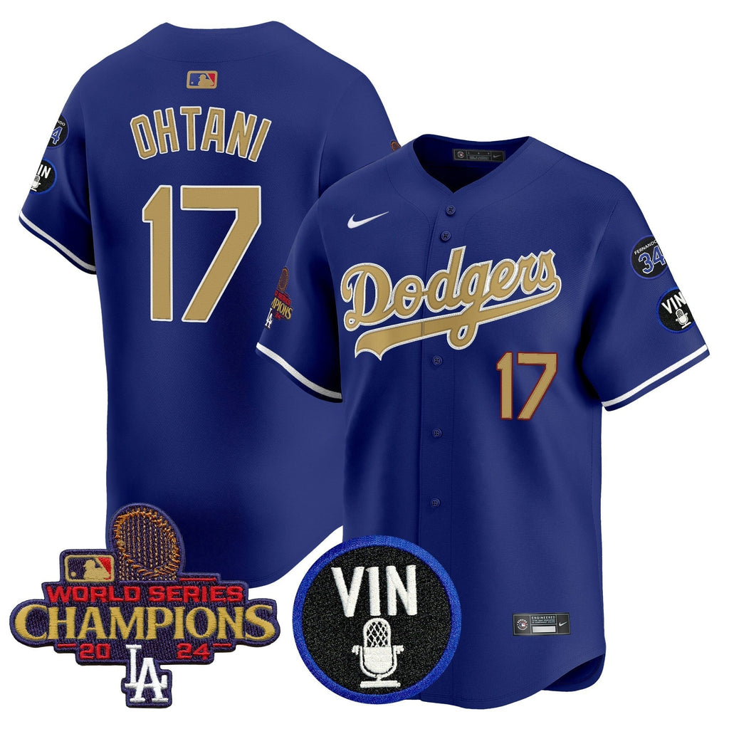 Dodgers 2025 Vin Scully & #34 Fernando Patch Gold Vapor Premier Limited Jersey - All Stitched