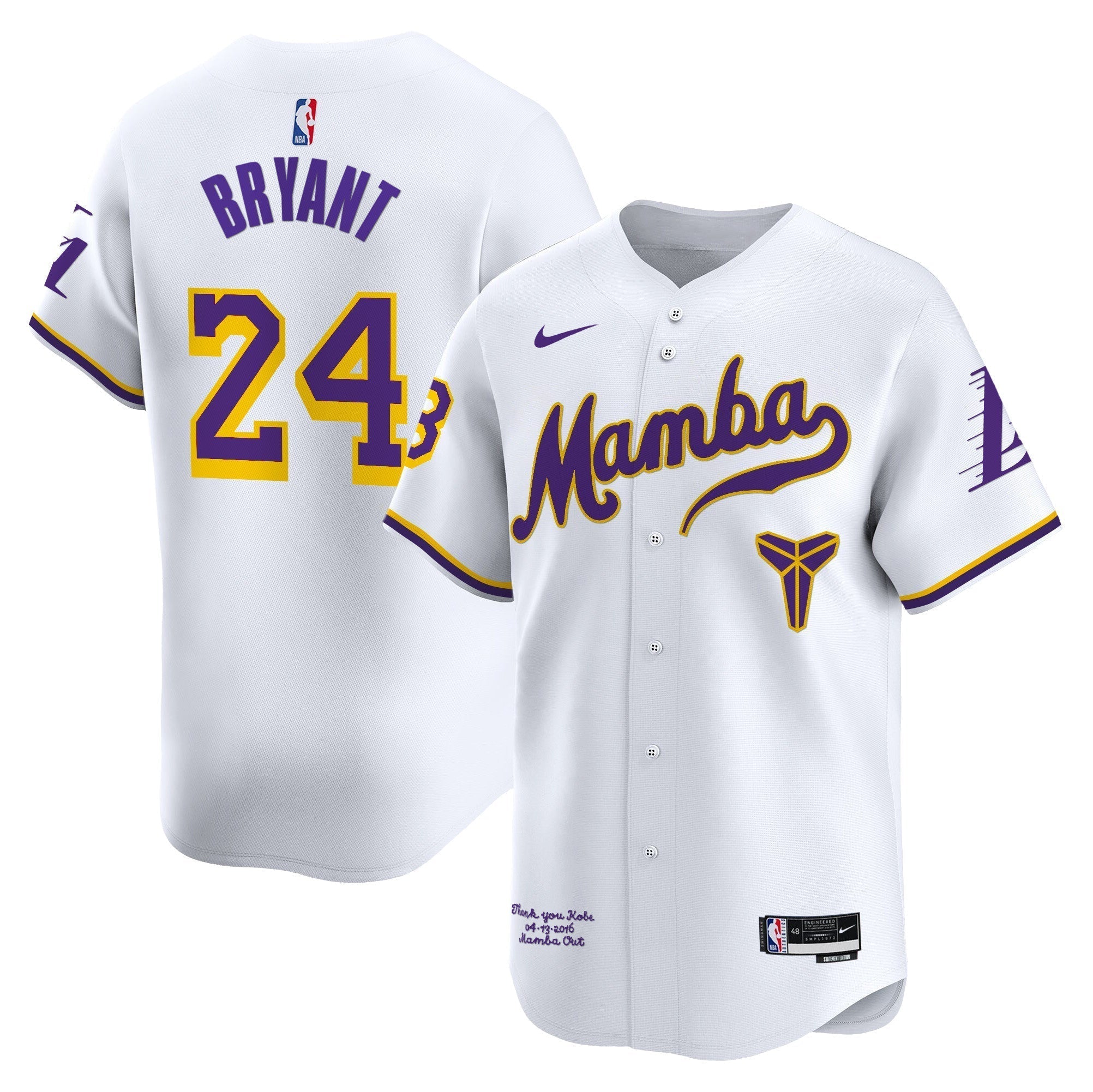 LAL Kobe Bryant Mamba Vapor Baseball Jersey - All Stitched