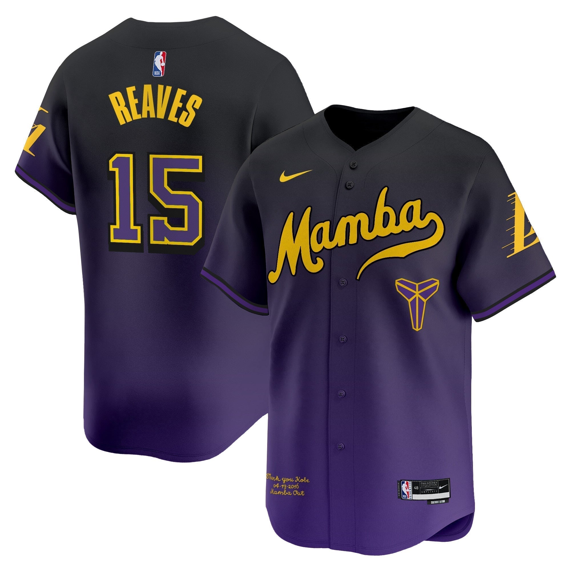 LAL Kobe Bryant Mamba Vapor Baseball Jersey - All Stitched