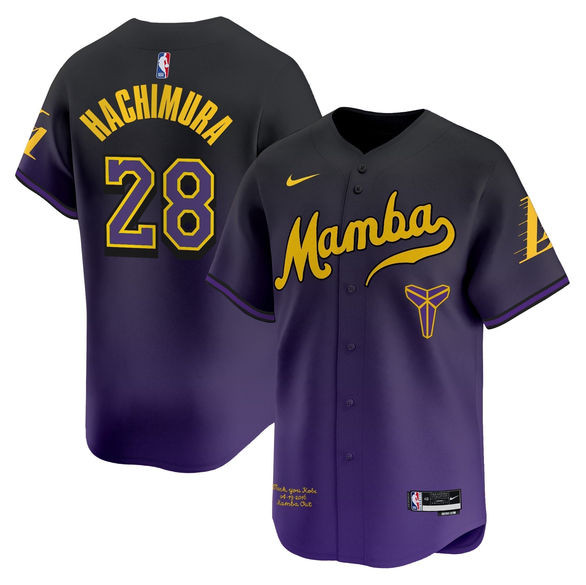 LAL Kobe Bryant Mamba Vapor Baseball Jersey - All Stitched