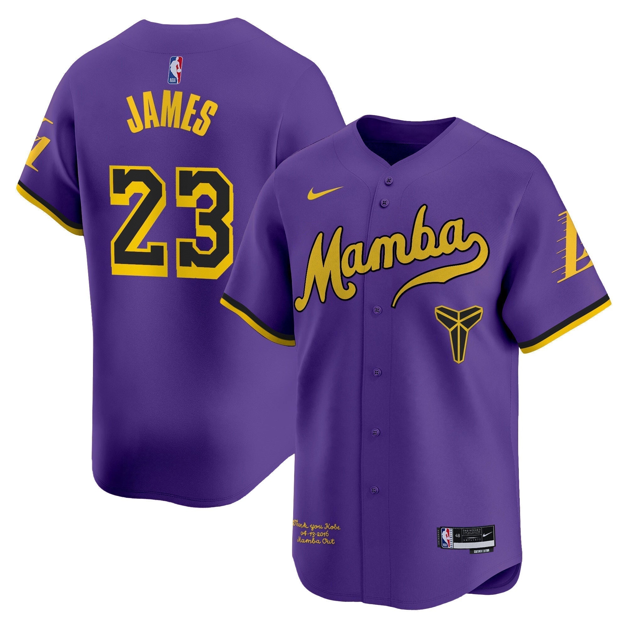 LAL Kobe Bryant Mamba Vapor Baseball Jersey - All Stitched