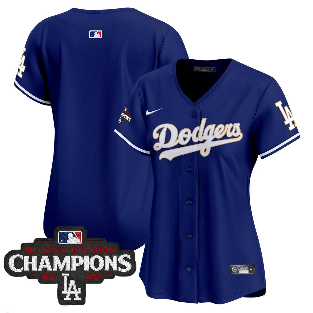 Women's Dodgers 2025 NL West Division Champions Patch Gold Trim Vapor Premier Limited Jersey - All Stitched