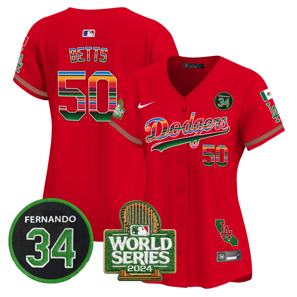 Women's Dodgers Mexico Fernando Memorial & 2024 World Series Patch Vapor Premier Limited Jersey - All Stitched