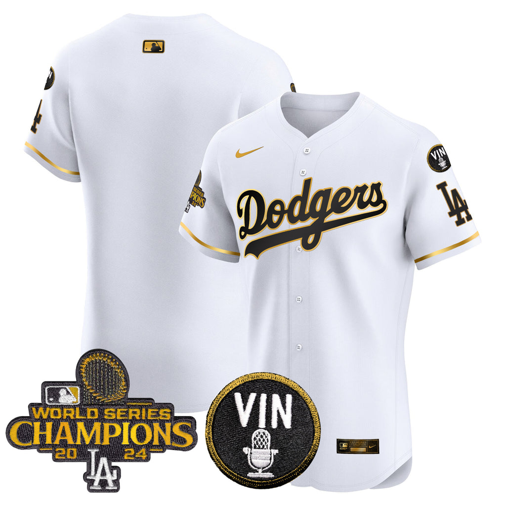 Men's Dodgers 2024 World Series Champions Gold Trim Vapor Premier Elite Jersey - All Stitched